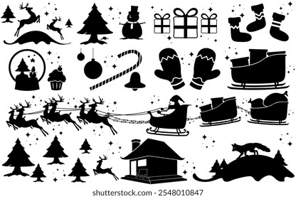 Collection of christmas including a christmas scene, a sled with a christmas tree, santa sleigh.