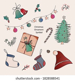 collection of christmas items and element decoration, christmas ornament symbols. vector bacground illustration.