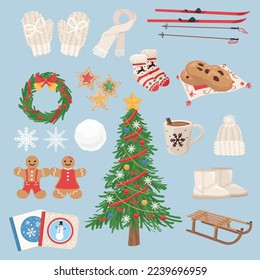 Collection of Christmas items on grey background