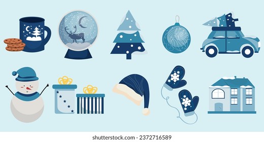 Collection of Christmas items on light blue background