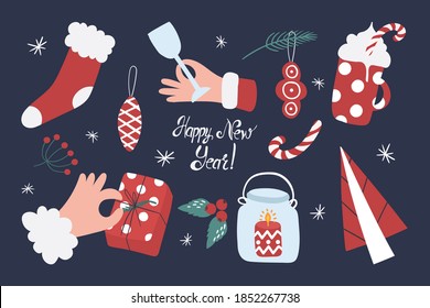 
A collection of Christmas items such as a sock, hot cocoa, Christmas tree, gift, candle. Items for New Year's comfort. Vector illustration in cartoon style. Hand drawing.