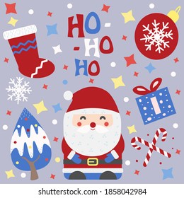 Collection of Christmas items in vector flat style. Christmas Owl, Christmas tree, snowflakes and stars, New Year's sock, mint candy, gifts and other symbols of Christmas and New Year.