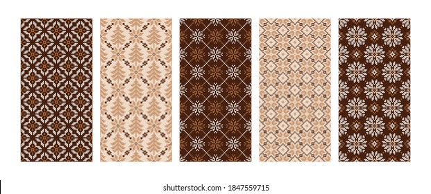 Collection of Christmas knitted seamless patterns with snowflakes and firs. Norwegian style sweater. Wool pullower texture. Vector illustration. Set of holiday backgrounds in beige, brown colors.