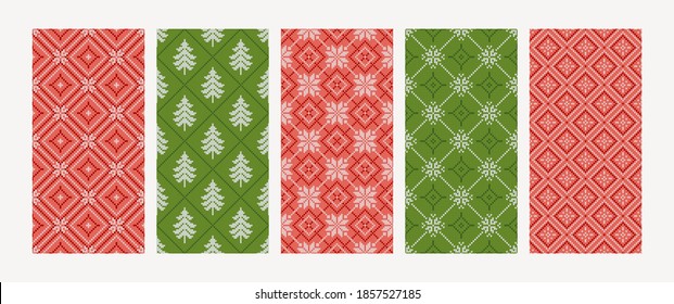 Collection of Christmas knitted seamless patterns with snowflakes, firs, rhombs. Norwegian style sweater. Wool texture. Vector illustration. Set of holiday argyle backgrounds in red, green colors.