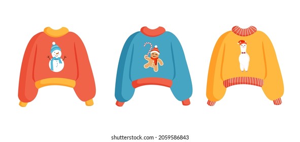 Collection of Christmas knitted sweaters or jumpers with snowman, gingerbread man and llama print for postcard, poster, poster. Cute New Year and Christmas vector illustrations in flat style