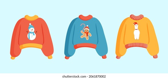 Collection of Christmas knitted sweaters or jumpers with snowman, gingerbread man and llama print for postcard, poster, poster. Cute New Year and Christmas vector illustrations in flat style.