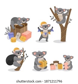 Collection of Christmas koalas Cartoon koalas greet the new year with gifts. Little Australian bear in the winter holiday. Vector illustration