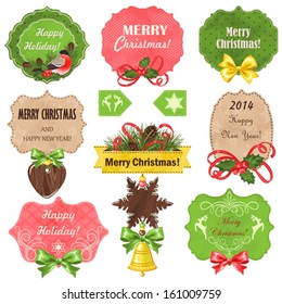 Collection of Christmas labels with holiday symbols.