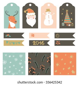 Collection Christmas labels, tags and decorations in vintage style, vector illustration with cute Santa Claus, reindeer.
