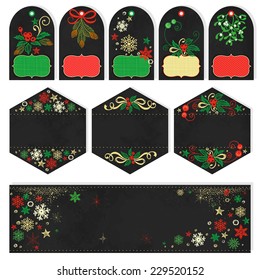 Collection Christmas labels in vintage style with holiday hand-drawn symbols.