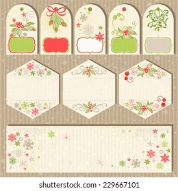 Collection Christmas labels in vintage style with holiday hand-drawn symbols.