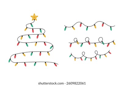 collection of Christmas light with green , red, and yellow bulb, Christmas light tree shape with star on top illustration