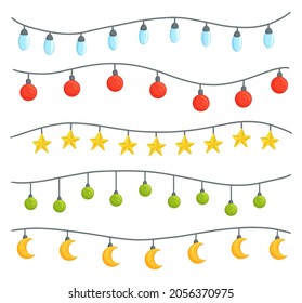 Collection of Christmas lights. Decoration elements for Holidays invitation card, poster, banner, greeting card, postcard, packaging, print. Vector illustration.