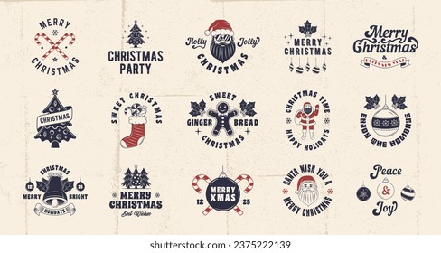 Collection of Christmas logo, badges and labels. Christmas signs set for poster, emblem, party invitation designs. Print for t-shirt, tee. 15 funny logo designs. Vector illlustration