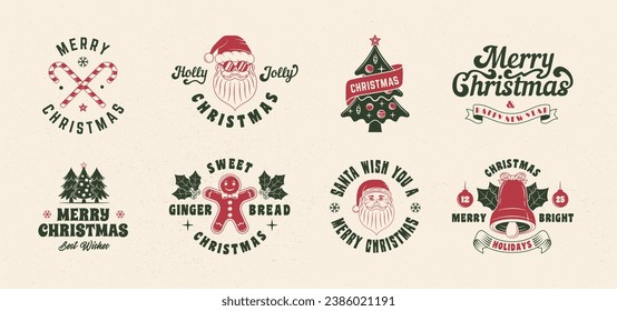 Collection of Christmas logo, badges and labels. Christmas signs set for poster, emblem, party invitation designs. Print for t-shirt, tee. 8 trendy logo designs. Vector illlustration