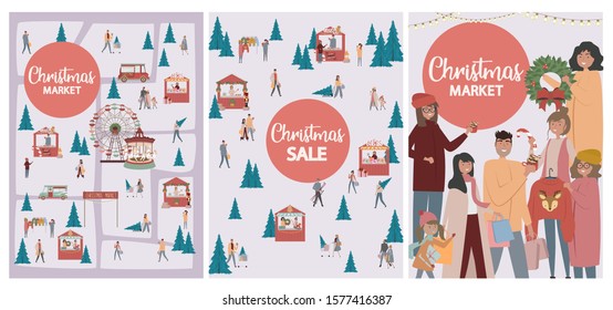 Collection of Christmas Market posters with Store and People selling and shopping at walking street, drinking cocoa and having a rest with their family. Editable vector illustration