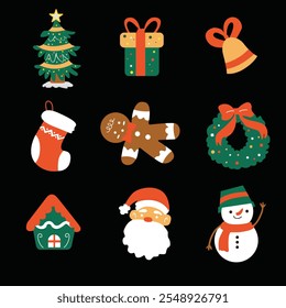Collection of Christmas minimalist elements. Christmas abstract icon in minimalist style. Christmas trees, snowmen, gifts, holiday decorations, etc. Vector illustration Design.