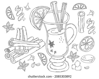 Collection Christmas mulled wine. Vector illustration, in linear hand-drawn style. Glass with wine and orange slice, spices, cinnamon stick, cardamom, cloves and lemon zest. Isolated outline drawing