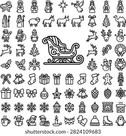 A collection of Christmas and Nativity themed line art icons featuring Santa, reindeer, gifts, and religious figures.