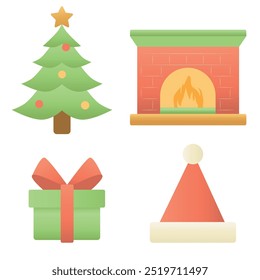 Collection of Christmas and New Year badges, including Santa hats, gifts, Christmas tree fireplace. Ideal for holiday designs, greeting cards and holiday illustrations.