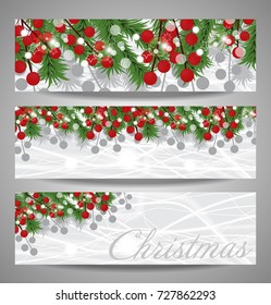 Collection Christmas and  New Year banners with fir branches and red berries. Vector  illustration.