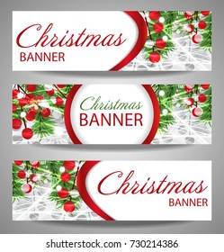 Collection Christmas and  New Year banners with fir branches and red berries. Vector  illustration with place for your text.