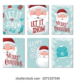 Collection of Christmas and New Year card templates with Santa Claus and hand drawn lettering typography. Holiday icon set. Colorful vector illustration.