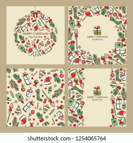 Collection of Christmas and New Year cards with Christmas decorations and holiday tree. Vector hand drawn illustration