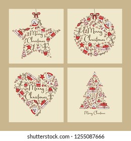 Collection of Christmas and New Year cards with Christmas decorations, tree and present. Vector hand drawn illustration