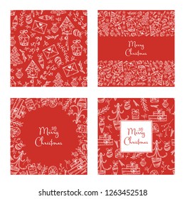 Collection of Christmas and New Year cards with Christmas decorations, tree and present. Vector hand drawn illustration