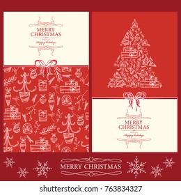 Collection of Christmas and New Year cards with Christmas decorations, Christmas tree and present. Vector hand drawn illustration