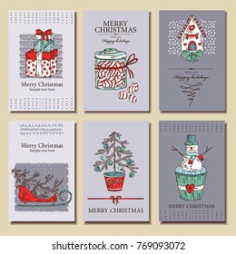 Collection of Christmas and New Year cards with Christmas present, snowman, candy and tree. Vector hand drawn illustration