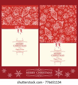 Collection of Christmas and New Year cards with Christmas decorations. Vector hand drawn illustration.