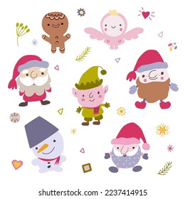 Collection Christmas    New year characters  Santa Caus  snowman  elf  angel  gingerbread man  Kawaii style drawing 