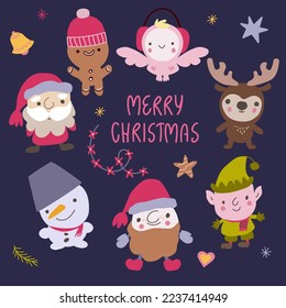 Collection Christmas    New year characters  Santa Caus  deer  snowman  elf  angel  gingerbread man  Lettering  text Merry Christmas  Doodle  kawaii style 