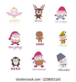 Collection Christmas   New year characters and hand drawn lettering  Santa Caus  deer  snowman  elf  angel  gingerbread man  For kids design  scrapbooking  greetings  DIY projects