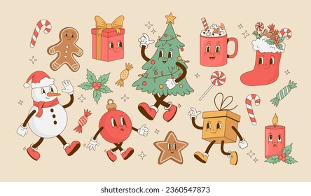 Collection of Christmas and New year characters in retro style. Christmas tree, gift box, latte, candy, gingerbread, snowman, ball cartoon mascot vector illustration. Nostalgia 70s, 80s, 60s