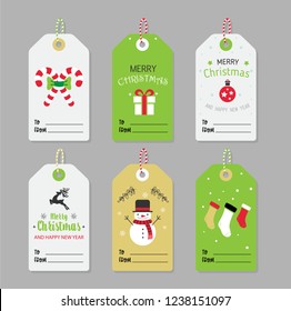 Collection of Christmas and New Year cute ready-to-use gift tags. Set of printable hand drawn holiday label in black white and gold. Vector seasonal badge design