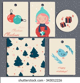 Collection of Christmas and New Year cute ready-to-use gift tags and one seamless pattern