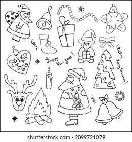 Collection of Christmas and New year decorative elements, Contours of hand drown Christmas stickers in black and white. Silhouettes of Christmas traditional symbols.