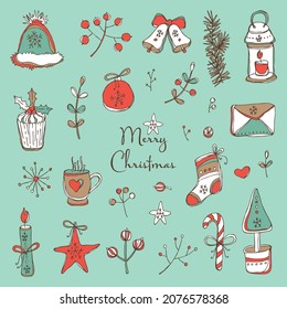 Collection of Christmas and New Year element design with Christmas decorations and holly tree. Vector hand drawn illustration