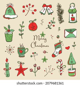 Collection of Christmas and New Year element design with Christmas decorations and holly tree. Vector hand drawn illustration