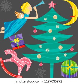 Collection of Christmas and New Year elements for greeting card design. Xmas set of characters. Winter holiday objects. Vector flat design with texture