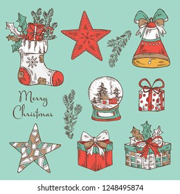 Collection of Christmas and New year elements with decorations and presents. Vector hand drawn illustration.