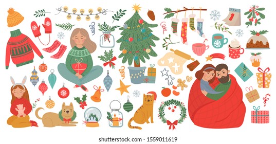 Collection of Christmas and New Year elements. Set of traditional isolated objects on white background. Xmas decoration. Happy people. Winter season. Vector illustration 
