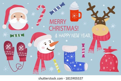 Una colección de elementos de Navidad y Año Nuevo con Santa, venado y muñeco de nieve. Símbolos de Navidad. Para su diseño de tarjetas, saludos, invitaciones, etiquetas.  Ilustración plana del vector