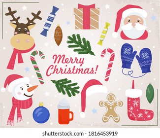 A collection of Christmas and New Year elements with Santa, deer and snowman. Symbols of Christmas. For your design of cards, greetings, invitations, labels.  Vector flat illustration