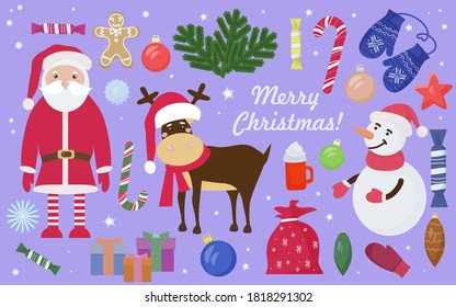 Una colección de elementos de Navidad y Año Nuevo con Santa, venado y muñeco de nieve. Símbolos de Navidad. Para su diseño de tarjetas, saludos, invitaciones, etiquetas.  Ilustración plana del vector