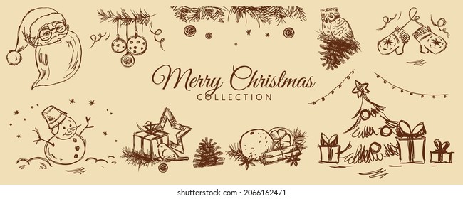 Collection of Christmas and New Year elements: Santa Claus, Christmas decorations, Christmas tree branches, Christmas tree, mittens, gifts, owl, hand-drawn.