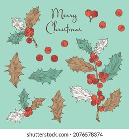 Collection of Christmas and New Year elements with holly branch. Vector hand drawn illustration.